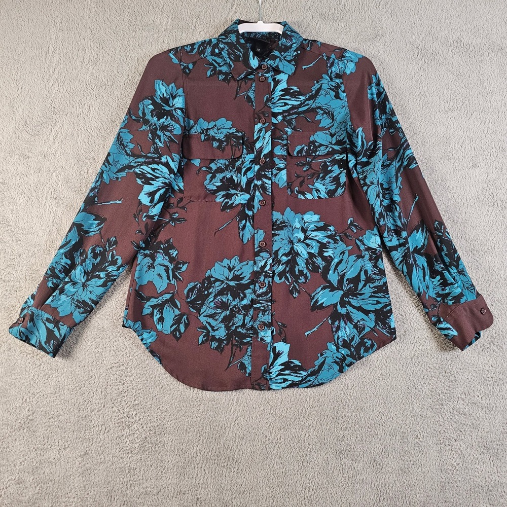 Who What Wear Womens Floral Button Down Shirt Burgundy Teal XS Long Sleeve